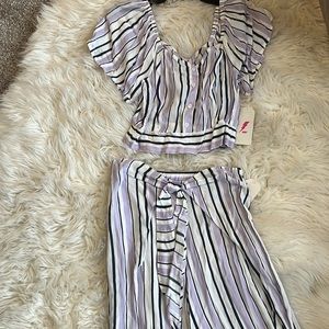 Purple blue white stripe set crop top with flutter sleeve and wide leg pants